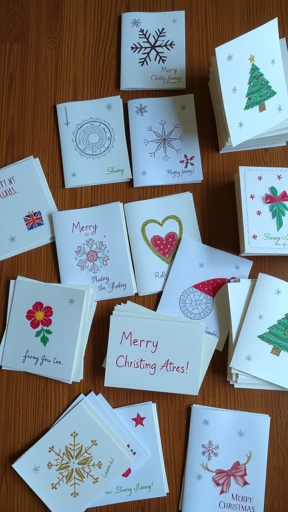 A variety of handmade Christmas cards with festive designs on a wooden table.